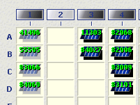 Screendump of OK4 inverter manager matrix showing differential threshold for starting-up of OK4 inverters connected to 93 Wp panels (column 1, below threshold) and those connected  to 108 Wp panels (front row column 3, back row column 4, both above threshold, but no Pac power yet),  during heavy cloud cover in the winter morning, Jan. 17 2006.