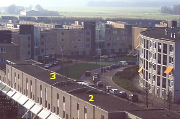 Local view of separate PV-systems in the vicinity of Polder PV (2, 3);  (former) owners of system 2 also had  2 big solar collectors for water heating, on the right of the row of 6 PV panels.