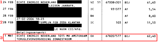 Giral accounts of yearly "rest posts" of a sustainable household consuming energy from different sources with two different energy providers, and, as a  desert:  the yearly  "production bonus" for solar energy feeding into the net by our sustainable energy provider Echte Energie ("real energy")...