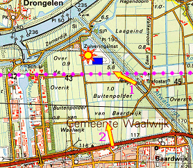 Location of Ecopark Waalwijk: blue rectangle,  app. 2 km. north of Waalwijk. Arrows show viewing angles of photographs marked 1 and 2.