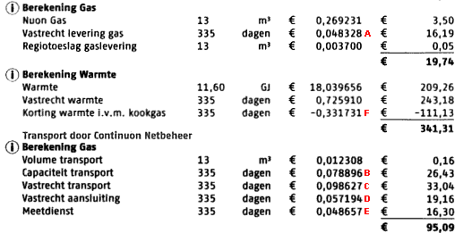 Complex bill for gas and compensations post "built" from posts marked A-E.