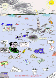 Cartoon revealing the downfall of "environmentally aware Holland" after the final blow by Vince, leaving bureaucratic reports meant to stall environmental degradation floating in the inundated landscape when the dykes finally broke down, and drowning decentralized sustainable energy producers like Polder PV under 3 meters of water. Click for enlargement.